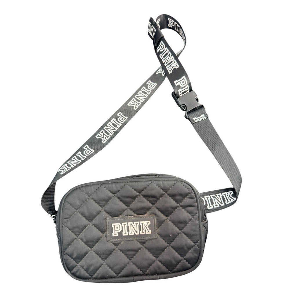 Victoria's Secret PINK Zip Belt Bag Fanny Pack Handbag Bag Black Quilted Logo
